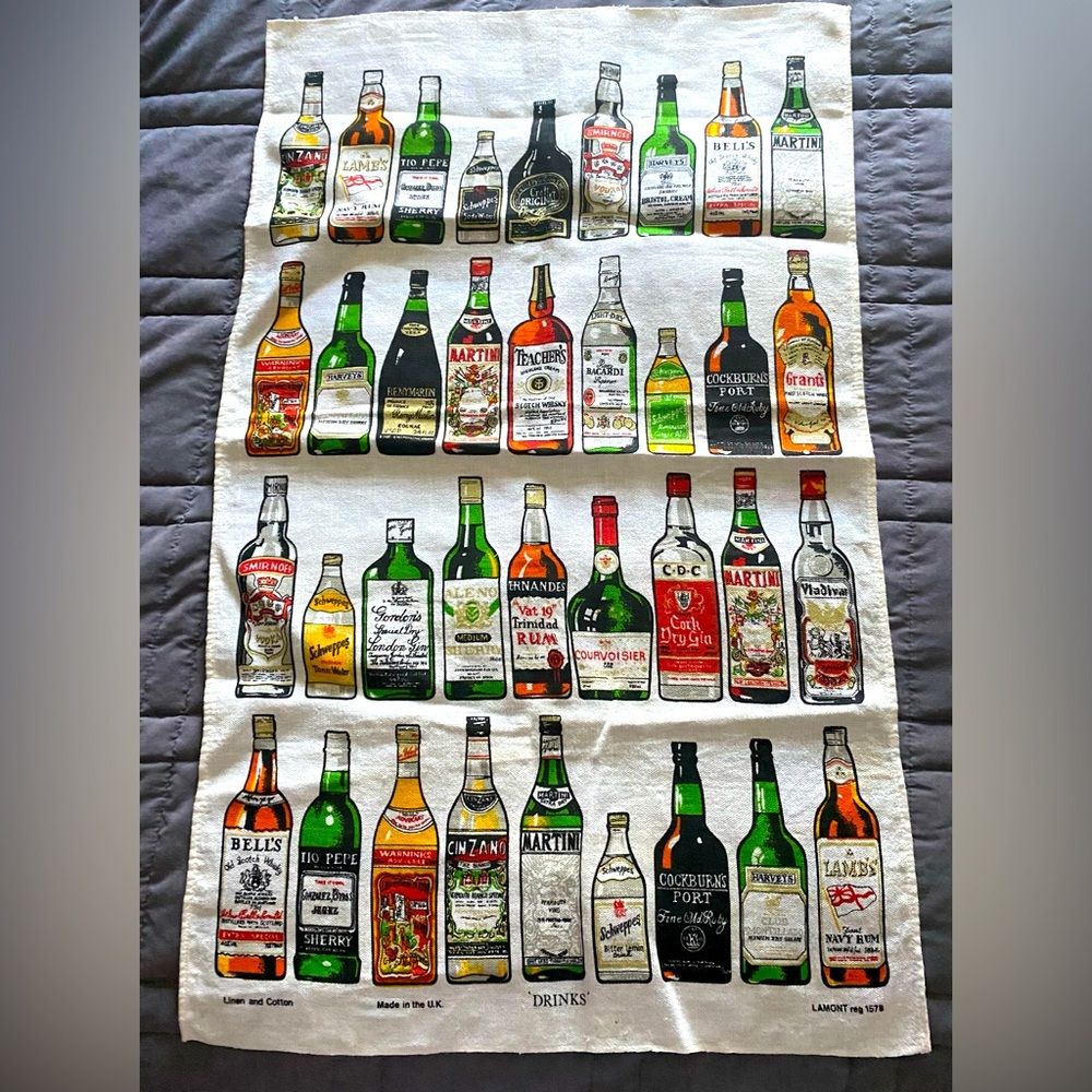 Vintage Liquor Bottle Print tea towel